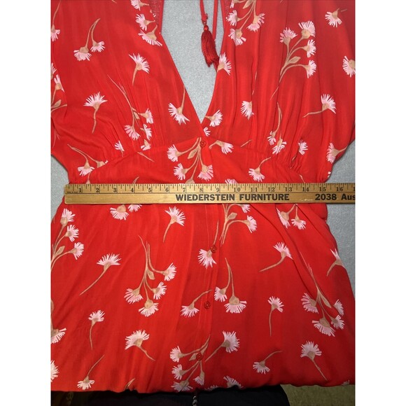 Lush Kimono Deep V Mini Dress Size Large Red Floral Double Button Front Tie Back - Picture 10 of 14